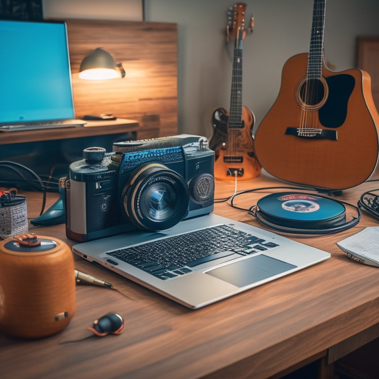 A clutter-free desk with a laptop, headphones, and a microphone, surrounded by scattered notes, guitar picks, and a vinyl record, with a subtle audio waveform pattern in the background.