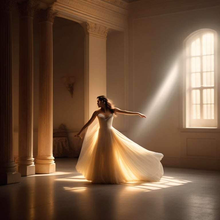 A serene, dimly lit room with cream-colored walls, featuring a lone dancer in a flowing white gown, arms outstretched, surrounded by subtle shadows and soft, golden lighting.