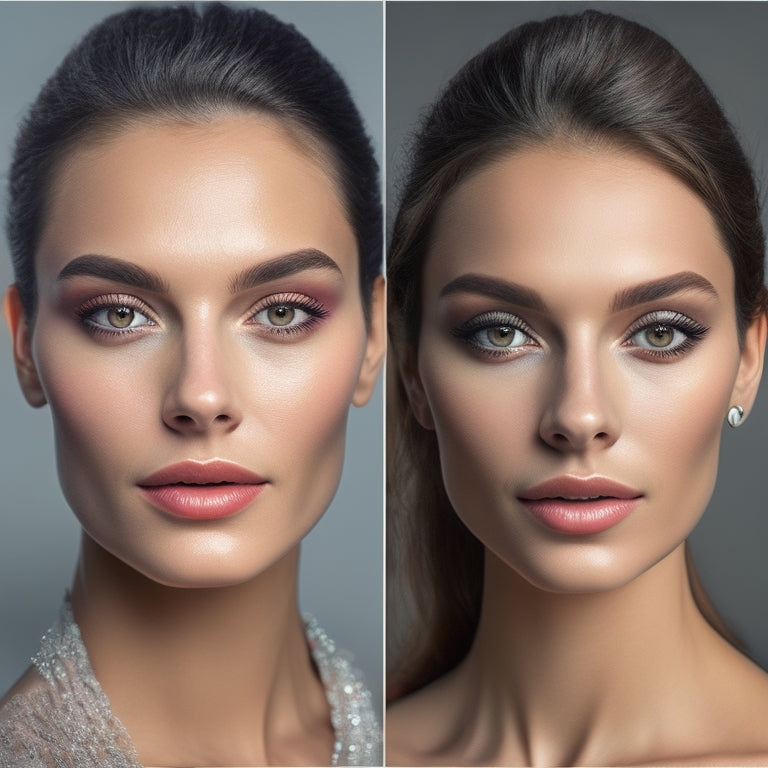 A split-screen image featuring a before-and-after transformation of a person's face with a natural, everyday makeup look on one side and a glamorous, evening look on the other, with various makeup brushes and products scattered around the edges.