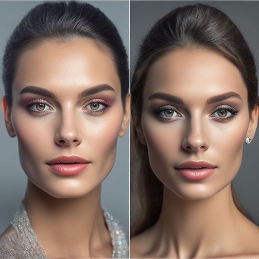 A split-screen image featuring a before-and-after transformation of a person's face with a natural, everyday makeup look on one side and a glamorous, evening look on the other, with various makeup brushes and products scattered around the edges.