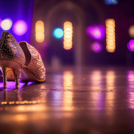 A vibrant scene showcasing a pair of elegant ballroom shoes on a polished wooden dance floor, surrounded by shimmering sequins, soft lighting, and a subtle reflection, evoking the excitement of competitive dance.