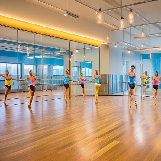 A vibrant dance studio featuring polished maple flooring, surrounded by mirrors, with dancers mid-performance. Bright overhead lights illuminate the space, while wall-mounted ballet bars and soft, cushioned areas enhance the atmosphere.