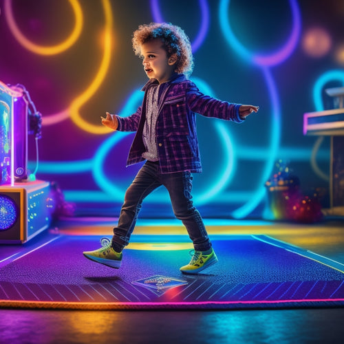 A colorful illustration of a child standing on a dance mat, surrounded by swirling lights and musical notes, with a gaming console and TV in the background, showcasing a fun and energetic atmosphere.