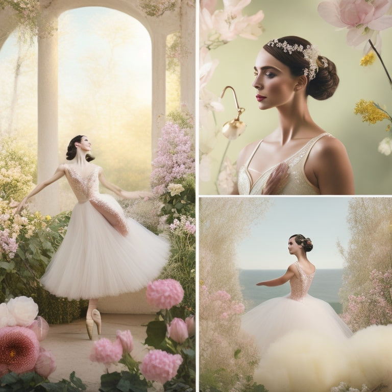 A whimsical illustration of a ballet dancer in various poses, surrounded by flowers, vines, and soft pastel hues, set against a cream-colored background with subtle texture and golden accents.