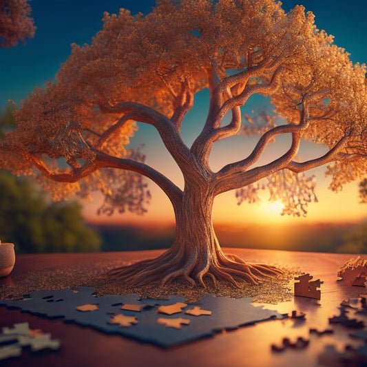 A warm, golden light illuminates a delicate, hand-drawn tree with intricate roots, surrounded by scattered, colorful puzzle pieces, with a few pieces fitting together, symbolizing growth and connection.