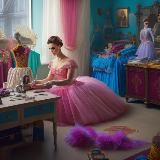 An illustration of a ballet dancer in a studio, surrounded by fabrics, scissors, and sewing machines, with a mirror reflecting a modest, flowing costume with a high neckline and long sleeves.