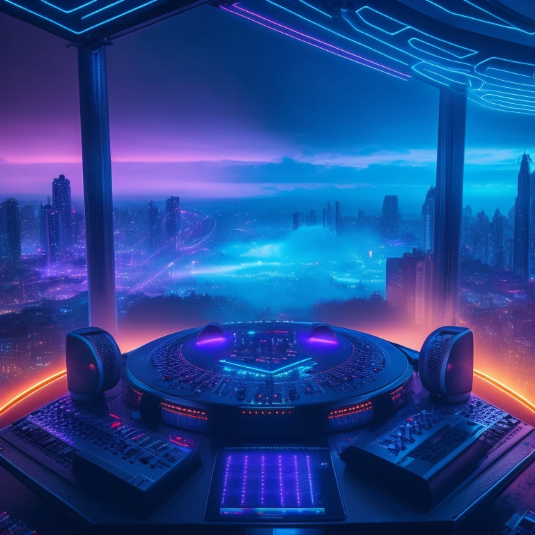 A futuristic DJ booth with neon-lit equalizers, synthesizers, and a massive soundboard, surrounded by swirling patterns of light and fog, with a cityscape at dusk in the background.