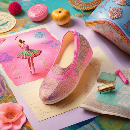 A whimsical illustration featuring a delicate, lace-trimmed ballet slipper surrounded by scattered, colorful dance-themed rubber stamps, with a few stamps forming a gentle, swirling dance pattern in the background.