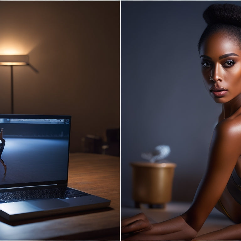 A split-screen image featuring a dancer in a dimly lit studio with a laptop open to a tutorial on one side, and a glamorous, spotlight-lit dancer with flawless makeup on the other.