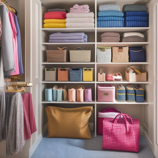 A serene, organized closet filled with colorful vacuum storage bags, neatly stacked clothes, and seasonal items. Soft lighting highlights the bags' sleek design, creating a sense of spaciousness and tranquility in the room.