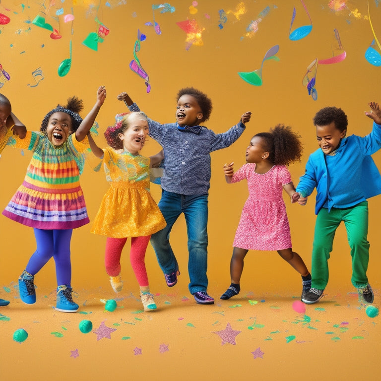 A whimsical illustration of a group of diverse children dancing together, surrounded by colorful musical notes, stars, and confetti, set against a bright, sunny yellow background.