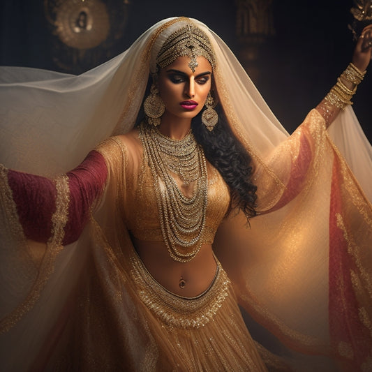 A warm-toned, dimly lit image of a mysterious, bejeweled dancer, adorned in intricate Middle Eastern attire, posed in a dramatic, flowing gesture, surrounded by wispy veils and exotic fabrics.