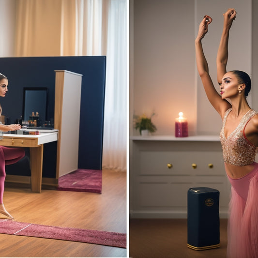 A split-screen image featuring a novice dancer in front of a vanity, with a laptop open to a makeup tutorial on the left side, and a beautifully made-up dancer in a dance studio on the right side.