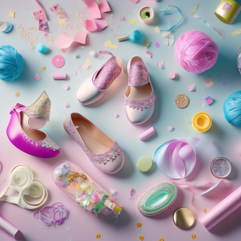 Vibrant dance-themed illustrations of ballet shoes, music notes, and swirling skirts, set against a pastel-colored background with subtle sparkles and confetti, surrounded by craft supplies like scissors and glue.