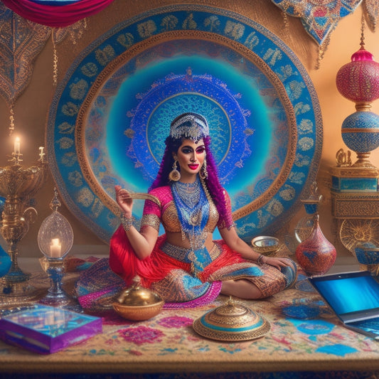 Illustrate a whimsical, colorful scene with a belly dancer in the center, surrounded by swirling patterns of calendars, clocks, and laptops, blending traditional Middle Eastern motifs with modern digital elements.