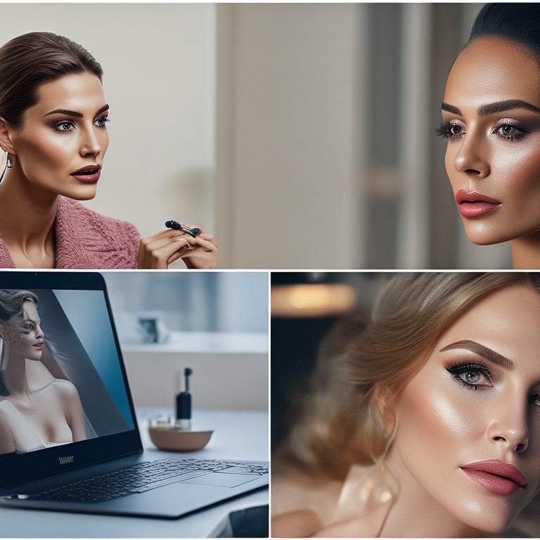 A split-screen image: a woman with mediocre makeup on the left, versus the same woman with flawless, professional-looking makeup on the right, with a laptop and beauty products surrounding her.