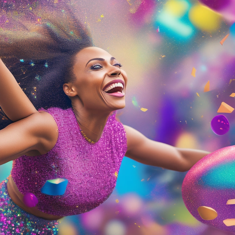 A vibrant illustration of a joyful woman dancing in a colorful, abstract environment, surrounded by swirling shapes and confetti, with a subtle sparkle effect to convey energy and celebration.