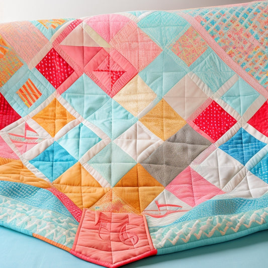 A vibrant, modern quilt featuring a harmonious blend of triangular and rectangular shapes in shades of coral, turquoise, and cream, scattered with musical notes and treble clefs on a soft, white background.