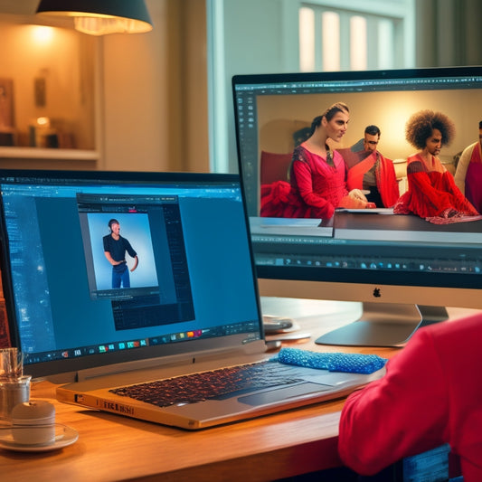 A split-screen image featuring a choreographer's cluttered desk with a laptop and scattered dance notes on one side, and a sleek, organized digital workspace with video editing software open on the laptop screen on the other.