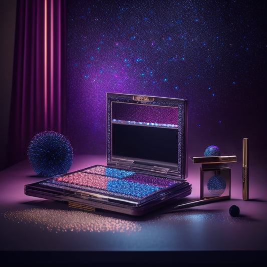 A mesmerizing, glittering makeup palette with a miniature dance floor, complete with tiny disco balls and a pair of stilettos, surrounded by brushes, blending into a digital tablet and stylus.