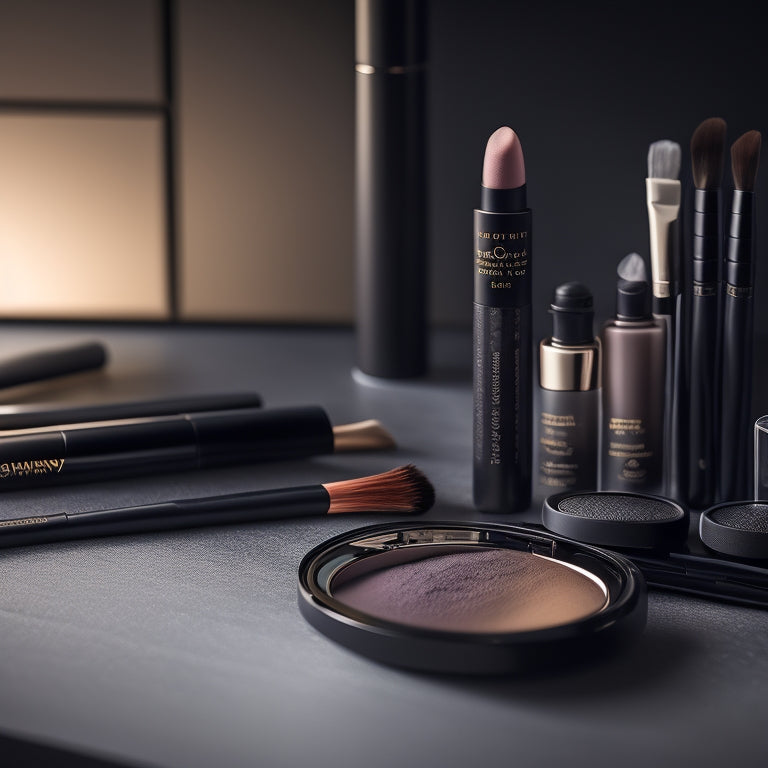 A close-up shot of an open makeup kit, with a smoky eye palette, various brushes, and a mirror reflecting a flawless, dramatic eye look with dark grey and black shades.