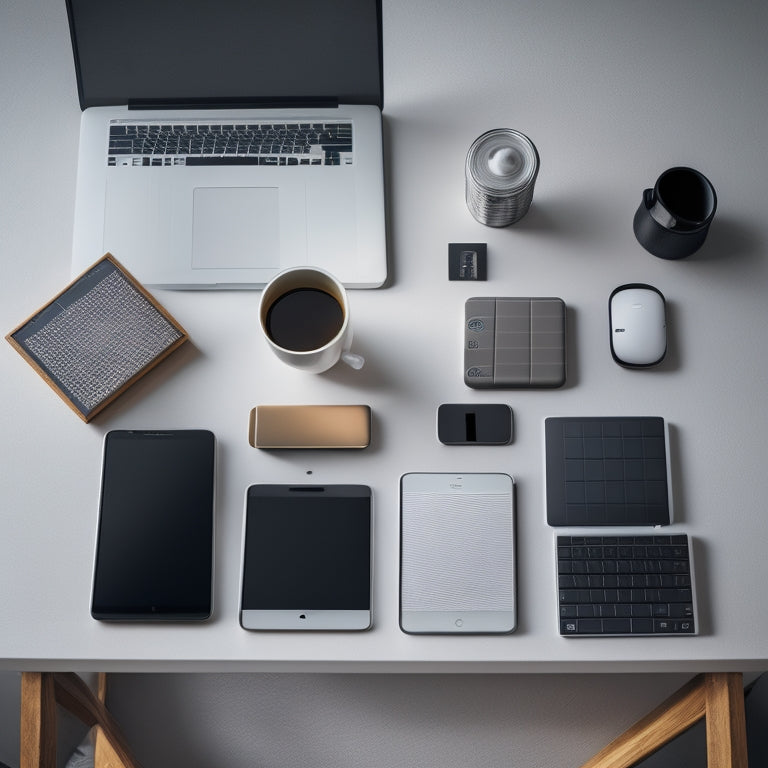 A minimalist desk with a sleek laptop, a tablet, and a smartphone, surrounded by abstract digital icons and subtle grid lines, conveying a sense of modern organization and digital harmony.