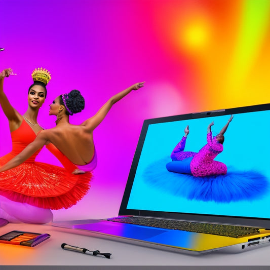 A colorful, dynamic illustration of a laptop or tablet screen displaying a virtual dance studio, with a beauty vanity and makeup products in the background, surrounded by dancing silhouettes.