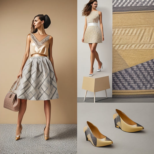 Image of 5 statement geometric skirts against a neutral background: chevron mini, houndstooth midi, zig-zag maxi, geometric print pencil, and hexagon pleated skirt, each styled with different shoes and accessories.