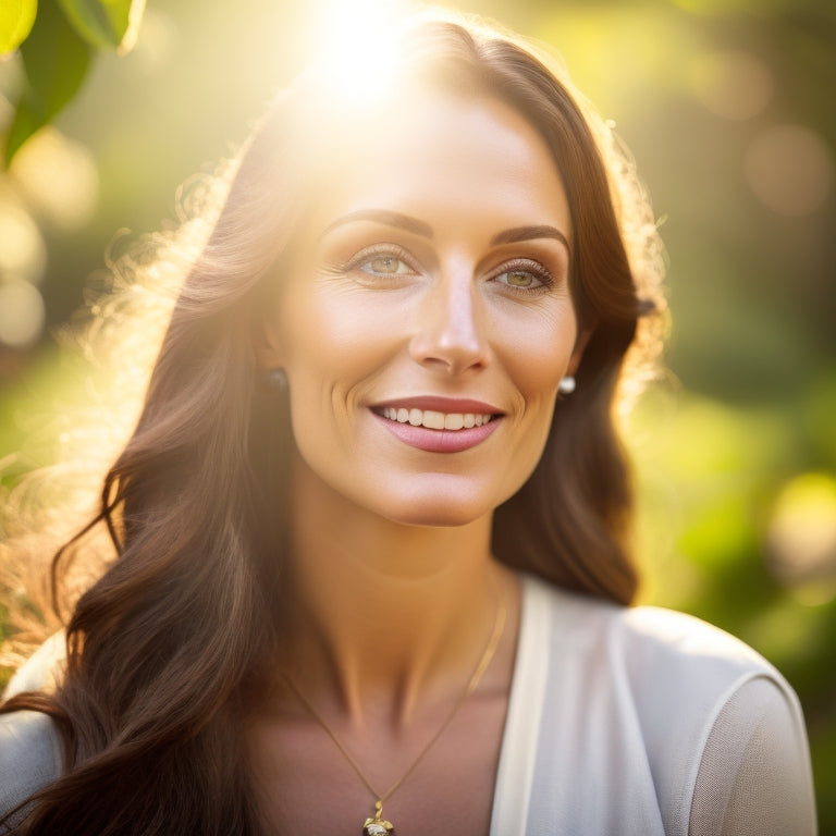 A serene, strong, and confident woman in her 30s, standing in a peaceful outdoor setting, surrounded by lush greenery, with a subtle, warm golden light, and a gentle, empowering smile.