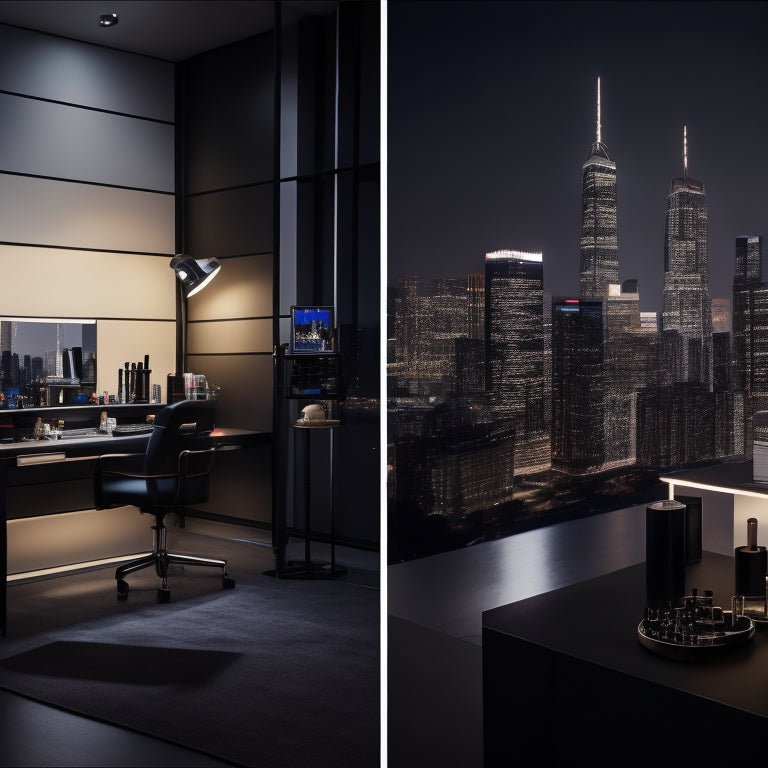 A sleek, modern makeup studio set with a catwalk, illuminated runway lights, and a blurred background of city skyscrapers, featuring a rack of luxurious garments and a MAC Cosmetics vanity.