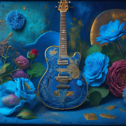 A vibrant, abstract background featuring swirling brushstrokes in shades of indigo, turquoise, and gold, with scattered, intricately detailed sketches of guitars, flowers, and celestial bodies.