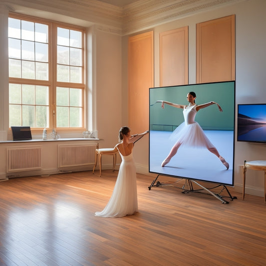 A serene dance studio with a large mirror, wooden floor, and a few ballet bars, where a dancer in a flowing white dress, with an elegant pose, stands in front of a laptop with a virtual dance class on the screen.