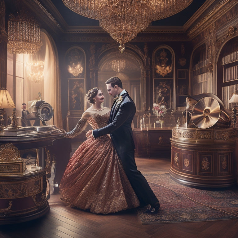 An ornate, vintage-style illustration of a dancing couple in a lavish ballroom, surrounded by old-fashioned gramophones, vinyl records, and antique dance manuals, with a subtle spotlight shining down.