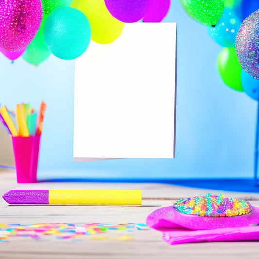 A vibrant, colorful illustration of a birthday card on a desk, surrounded by confetti, balloons, and party hats, with a pair of dancing shoes and a glitter pen on top.