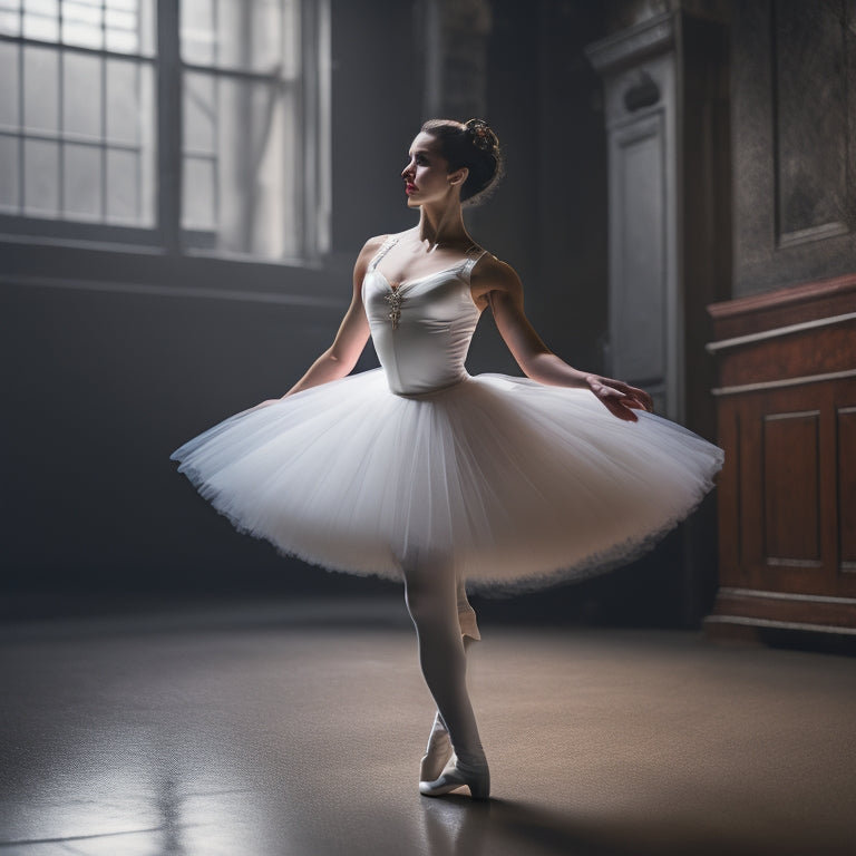 A serene, elegant ballet dancer in a flowing white tutu, standing en pointe on a dark wooden floor, with a subtle hint of pain on her face and a faint red glow around her heel.