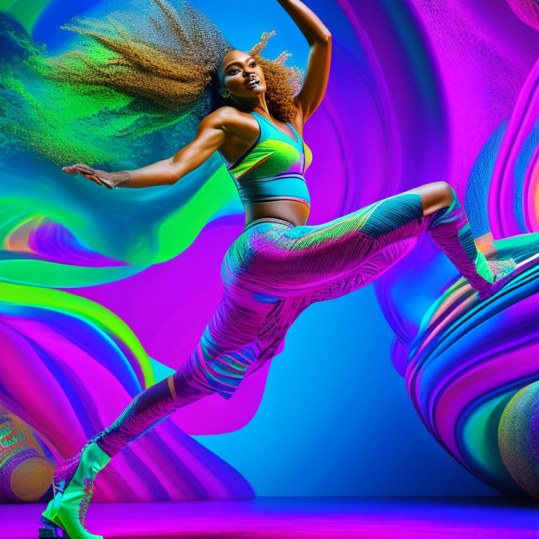 Vibrant, swirling dance-inspired shapes in neon pink, green, and blue, surrounded by dynamic, abstract patterns, radiating energy and movement, with a dark background to represent the excitement of Zumba dance.