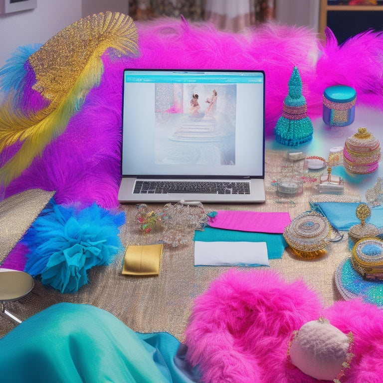 A whimsical, dreamy illustration of a dancer's dressing room, with a laptop open to a digital inspiration board on a vanity, surrounded by fabric swatches, feathers, and rhinestones, amidst a burst of colorful, swirling dance costumes.