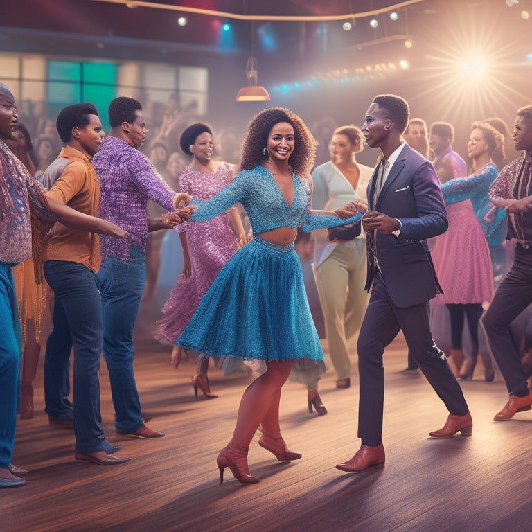 A vibrant illustration of a lively dance hall, with 10-15 people of diverse ages and ethnicities line dancing together, surrounded by bright stage lights and a wooden dance floor.