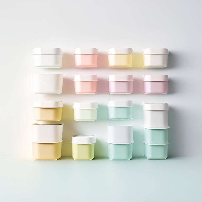 A colorful, minimalist illustration featuring a set of 5-7 neatly arranged, differently sized portion control containers in pastel shades, placed on a clean white background, surrounded by subtle grid lines.