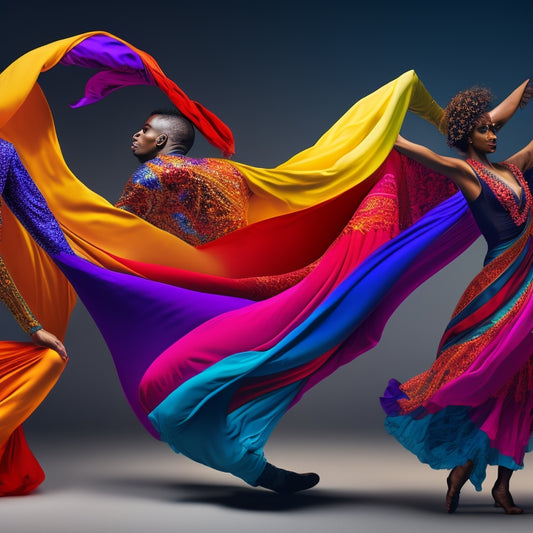 A colorful, dynamic illustration of various dancer silhouettes, each wrapped in a vibrant, flowing hip scarf, set against a bold, gradient background with subtle dance-inspired patterns.