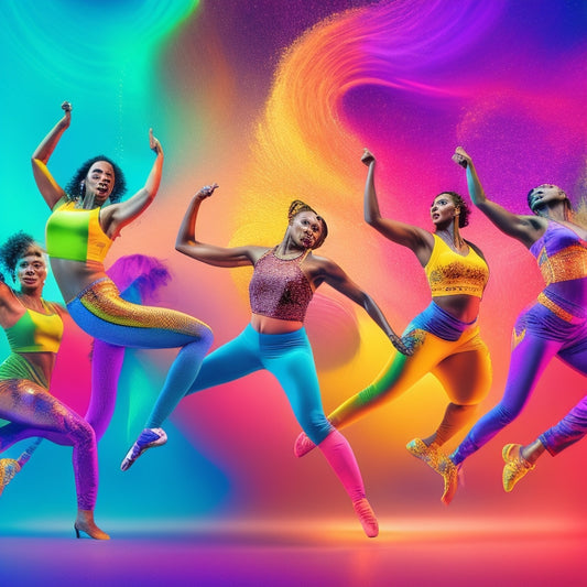 A vibrant, energetic illustration featuring a diverse group of dancers in dynamic poses, surrounded by swirling shapes, musical notes, and sparks, set against a bright, gradient-colored background.