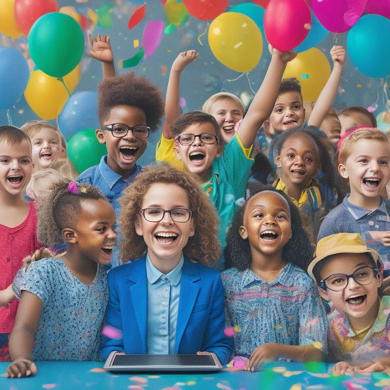 A colorful illustration of a smiling cartoon teacher surrounded by diverse, excited kids in a virtual classroom, with laptops, tablets, and headphones scattered around, amidst confetti and balloons.