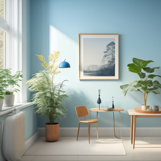 A minimalist Scandinavian-inspired room with cream-colored walls, sparse furniture, and an abstract art piece featuring soft blue and white hues, surrounded by natural light and a few potted plants.