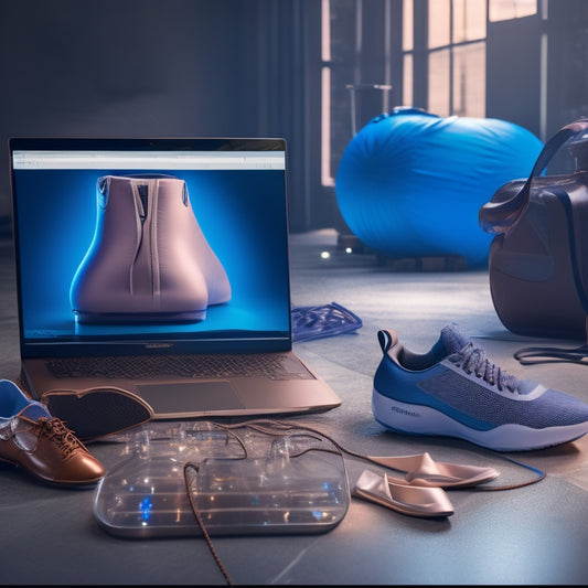 A stylized illustration of a laptop open on a dance studio floor, surrounded by scattered dance shoes, water bottles, and a few scattered sheets of choreographed dance moves, with a subtle cityscape or dance studio background.