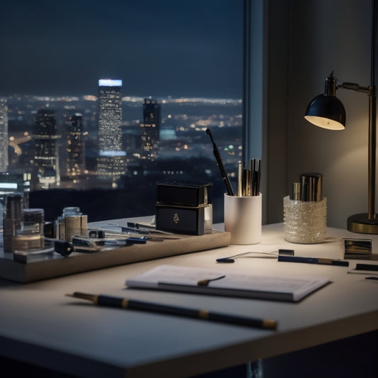 A minimalist, sleek desk with a makeup artist's kit, a contract, and a pen, surrounded by subtle, shimmering fairy lights, with a soft, blurred cityscape in the background.
