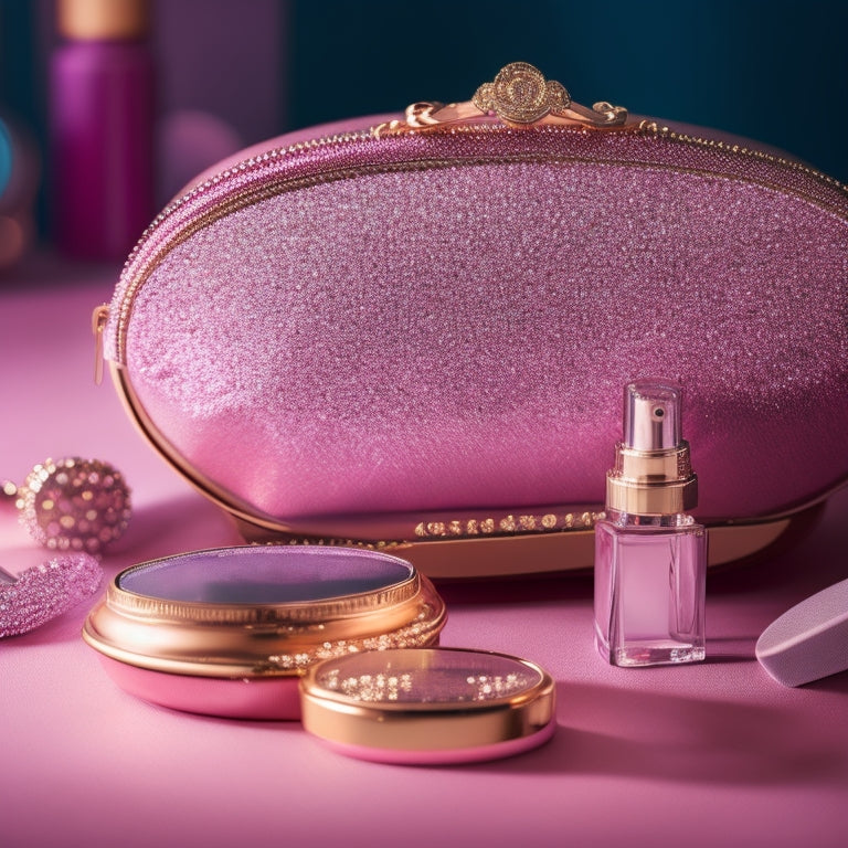 A close-up of a makeup bag with shimmering eyeshadows, a translucent powder compact, and a bottle of setting spray, surrounded by dancing-themed accessories like a tiara and ballet shoes.