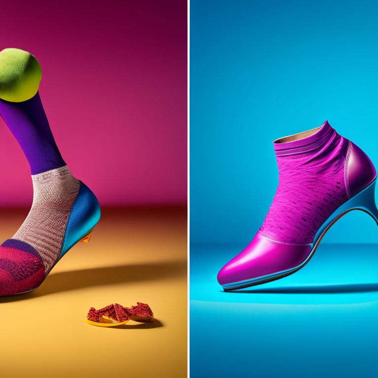 A split-screen image: on the left, a pair of dance shoes with socks visible underneath, and on the right, a pair of dance shoes without socks, both set against a contrasting colored background.
