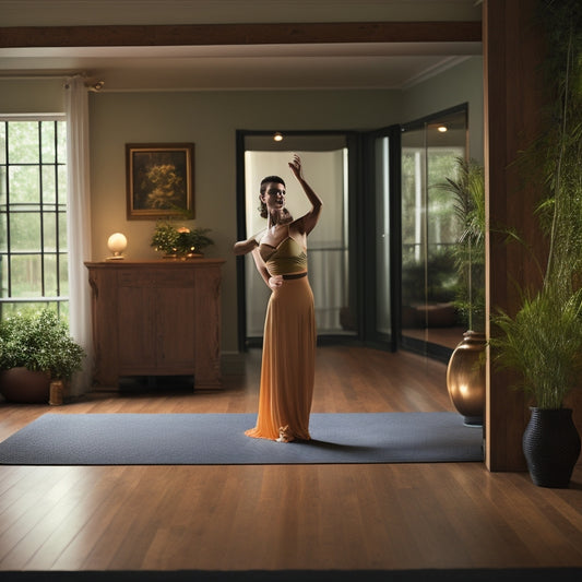 A serene, dimly lit dance studio with a wooden floor, a few yoga mats, and a large mirror. A relaxed, mature woman in comfortable clothing, with a gentle smile, performing a gentle, flowing dance move, surrounded by calming greenery.