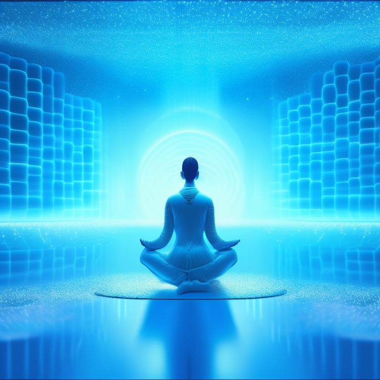 A serene, minimalist illustration of a person in lotus position, surrounded by subtle, glowing digital screens and gentle, swirling patterns of ones and zeros, amidst a calming, soft-blue background.