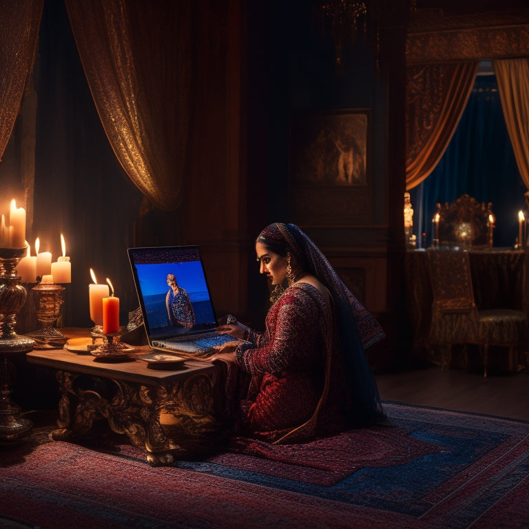 A serene, dimly lit room with a beautiful, intricately patterned rug, a few candles, and a laptop open on a low table, with a belly dancer silhouette in the background, surrounded by flowing fabrics.